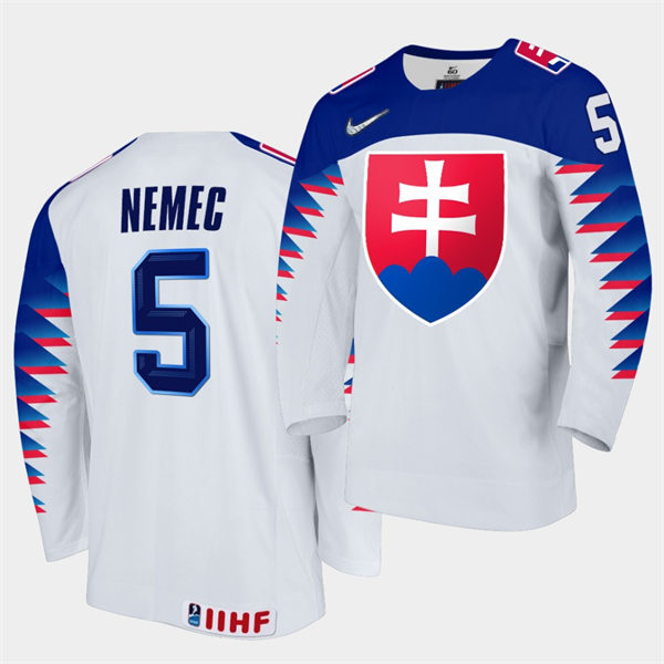 Mens Slovakia Hockey Team #5 Simon Nemec 2021 IIHF World Junior Championship Home White Jersey