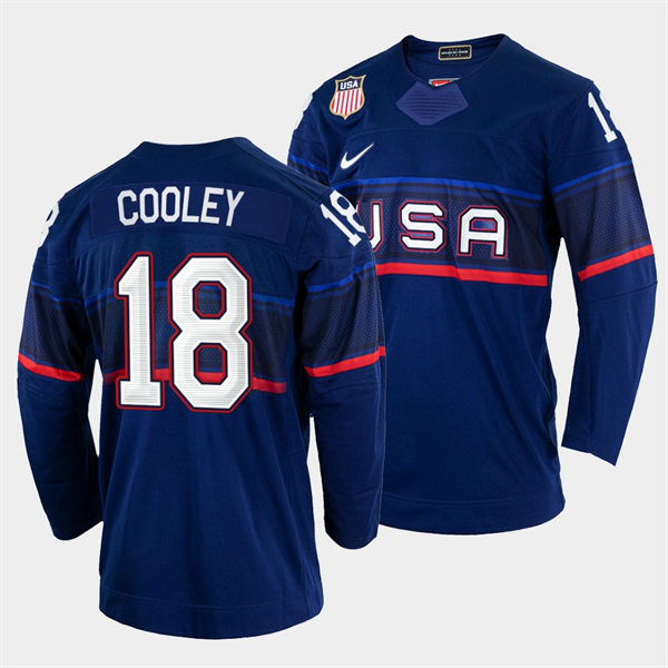 Men's USA Hockey #18 Logan Cooley 2022 Beijing Winter Olympic Jersey Navy