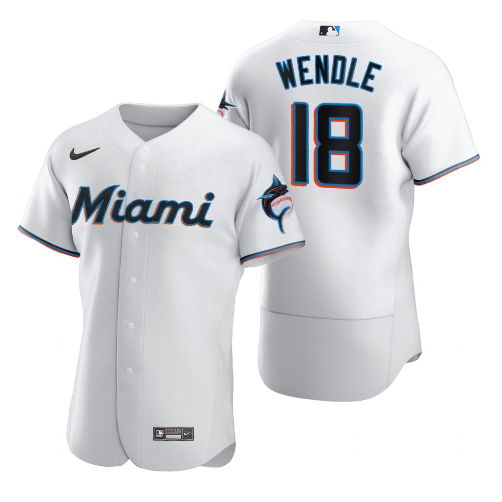 Mens Miami Marlins #18 Joey Wendle Nike White Home FlexBase Player Jersey