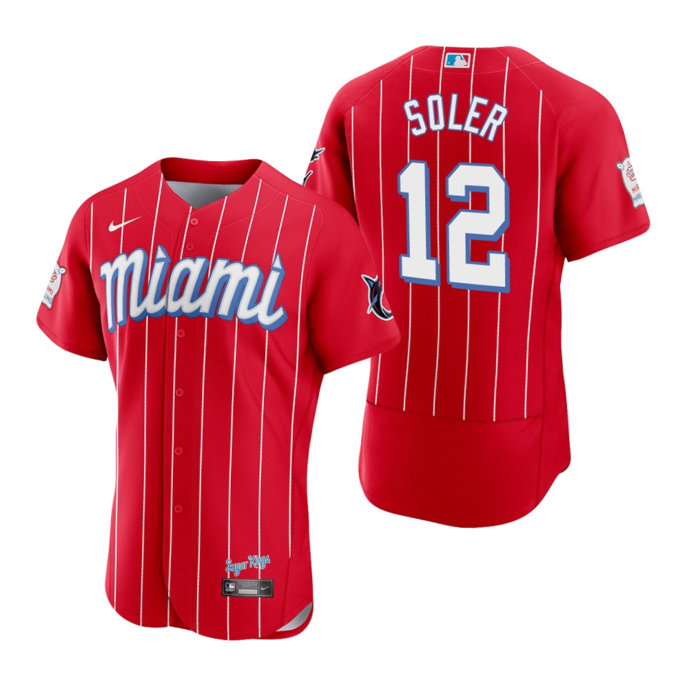 Mens Miami Marlins #12 Jorge Soler Nike Red 2021 Stitched City Connect Jersey