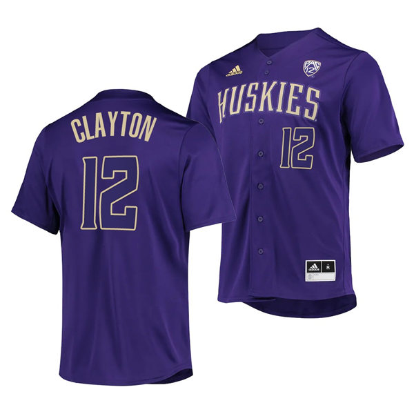 Mens Youth Washington Huskies #12 Cam Clayton 2022 Purple With Name College Baseball Jersey
