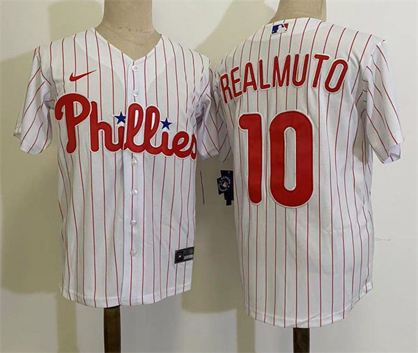 Mens Philadelphia Phillies #10 JT. Realmuto Nike White Pinstripe Home Coolbase Jersey