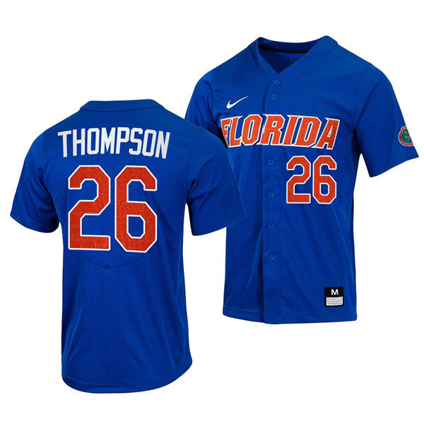Mens Youth Florida Gators #26 Sterlin Thompson Nike 2022 Royal With Name Florida College Baseball Jersey
