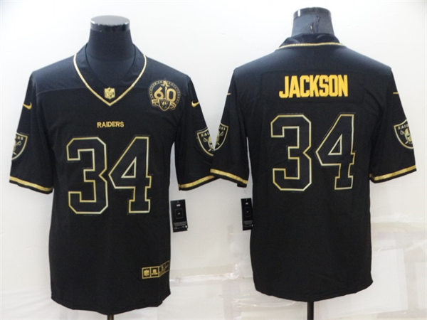 Mens Las Vegas Raiders Retired Player #34 Bo Jackson Nike Black Golden Edition 60TH Anniversary Jersey