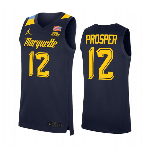 Mens Youth Marquette Golden Eagles #12 Oliver-Maxence Prosper 2022 Navy College Basketball Game Jersey