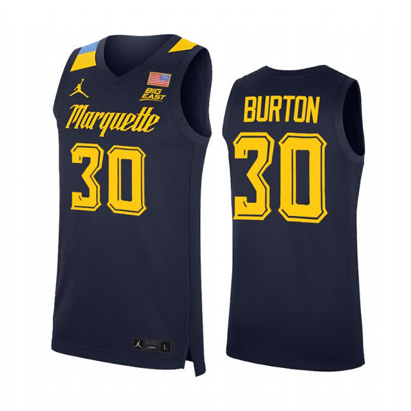 Mens Youth Marquette Golden Eagles #30 Deonte Burton 2022 Navy College Basketball Game Jersey