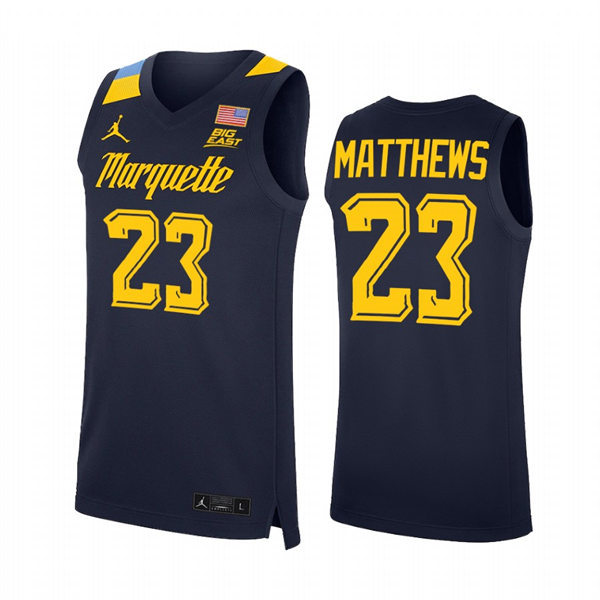 Mens Youth Marquette Golden Eagles #23 Wesley Matthews 2022 Navy College Basketball Game Jersey
