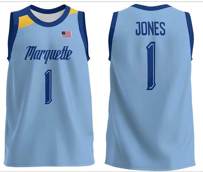 Mens Youth Marquette Golden Eagles #1 Kam Jones 2022 College Basketball Game Jersey Light Blue