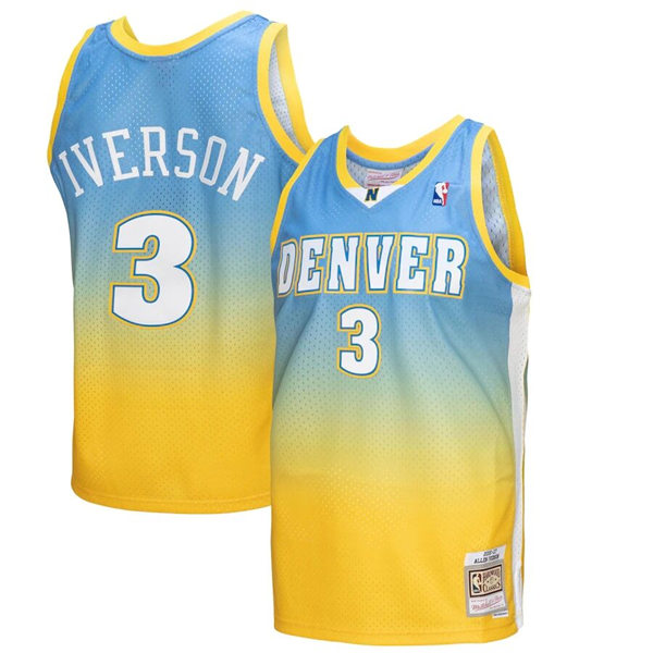 Mens Denver Nuggets #3 Allen Iverson Yellow Blue Mitchell & Ness 2006-07 Hardwood Classics Fadeaway Swingman Jersey