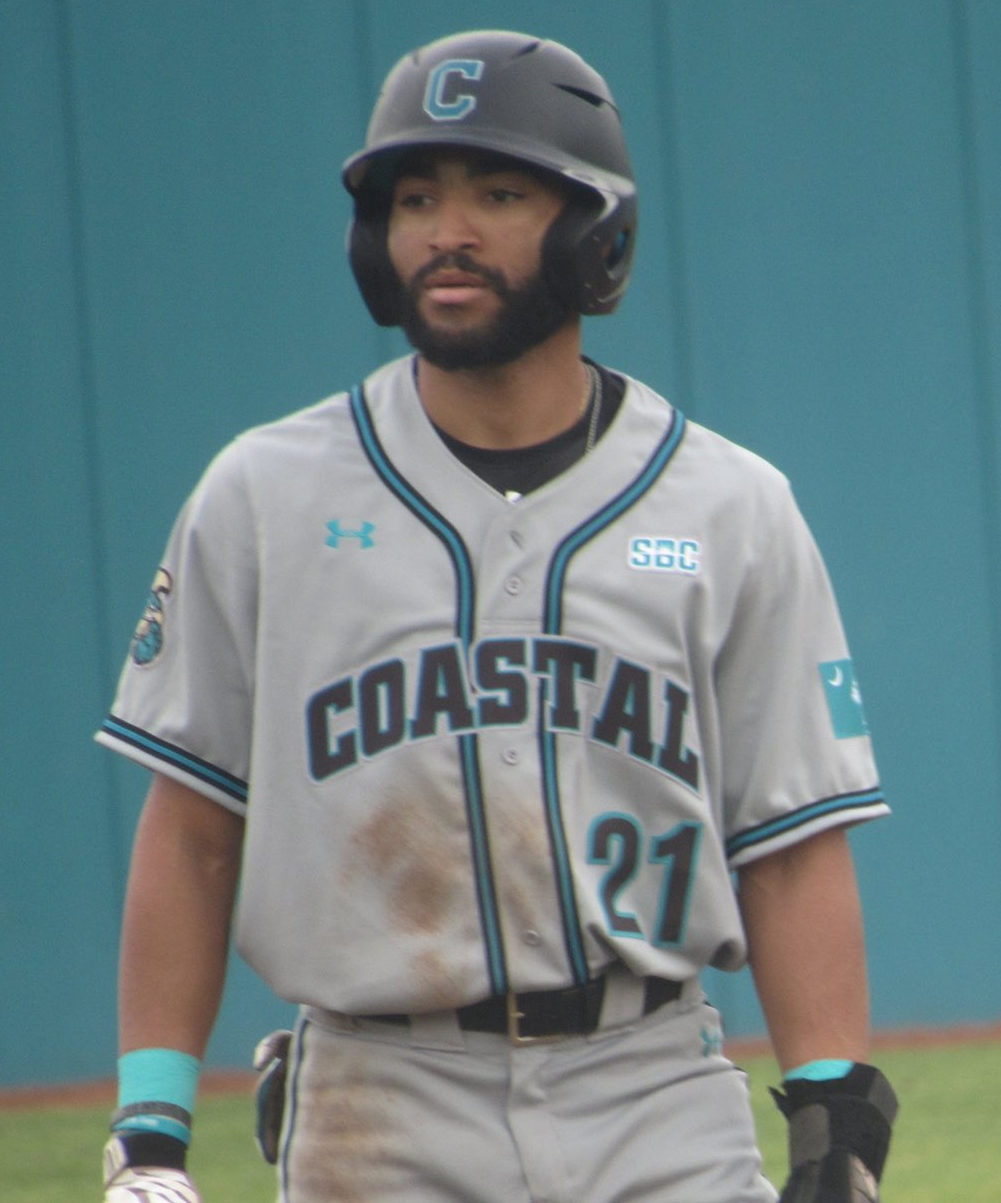 Mens Youth Coastal Carolina Chanticleers #21 Austin White White Pinstripe College Baseball Game Jersey