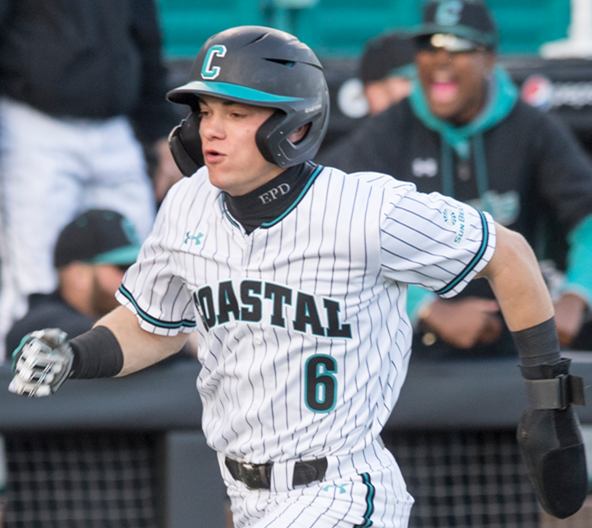 Mens Youth Coastal Carolina Chanticleers #6 Nick Lucky White Pinstripe College Baseball Game Jersey