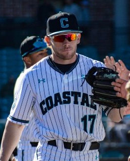 Mens Youth Coastal Carolina Chanticleers #17 Matt McDermott White Pinstripe College Baseball Game Jersey