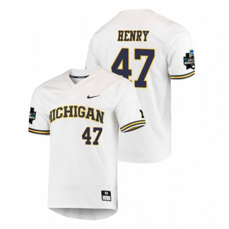 Mens Youth Michigan Wolverines #47 Tommy Henry 2019 NCAA Baseball College World Series Jersey White two-Button Pullover