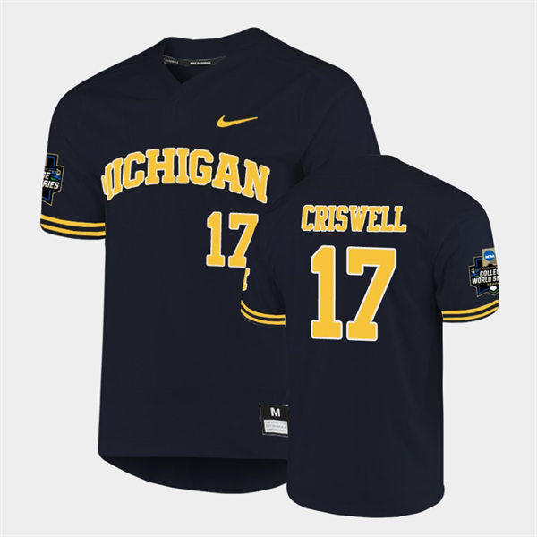 Mens Youth Michigan Wolverines #17 Jeff Criswell 2019 NCAA Baseball College World Series Jersey Navy two-Button Pullover