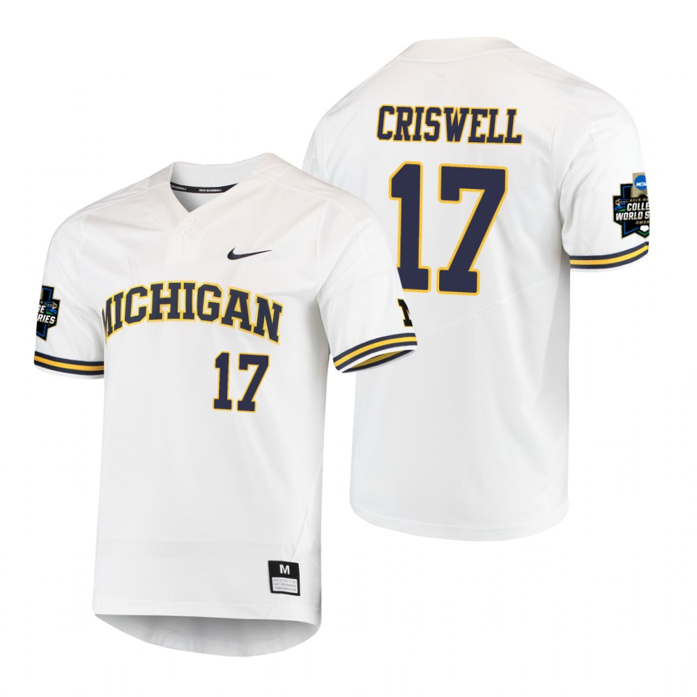 Mens Youth Michigan Wolverines #17 Jeff Criswell 2019 NCAA Baseball College World Series Jersey White two-Button Pullover