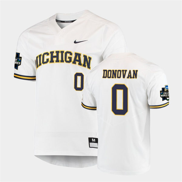 Mens Youth Michigan Wolverines #0 Joe Donovan 2019 NCAA Baseball College World Series Jersey White two-Button Pullover