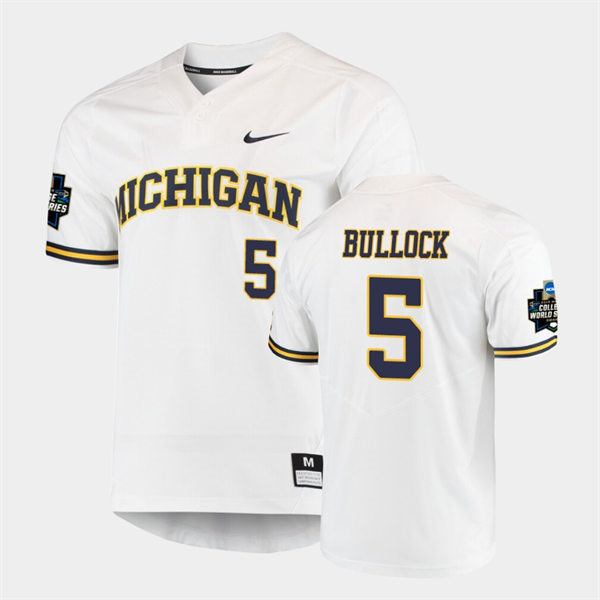 Mens Youth Michigan Wolverines #5 Christan Bullock 2019 NCAA Baseball College World Series Jersey White two-Button Pullover