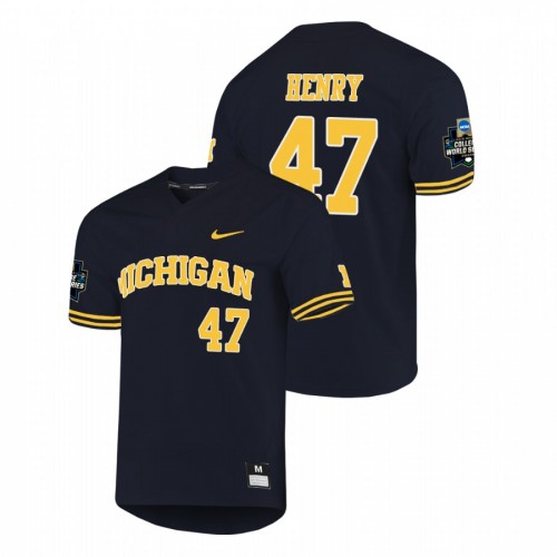 Mens Youth Michigan Wolverines #47 Tommy Henry 2019 NCAA Baseball College World Series Jersey Navy two-Button Pullover