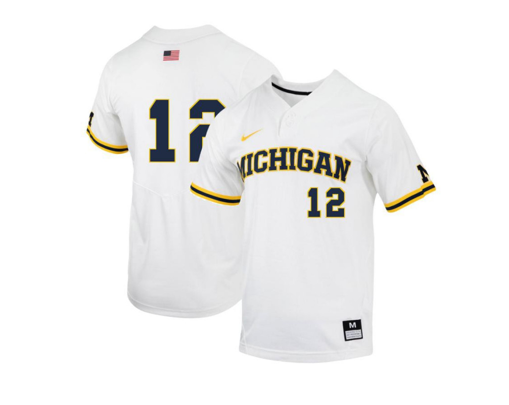 Mens Youth Michigan Wolverines #12 Riley Bertram Nike 2022 White two-Button Pullover College Baseball Game Jersey
