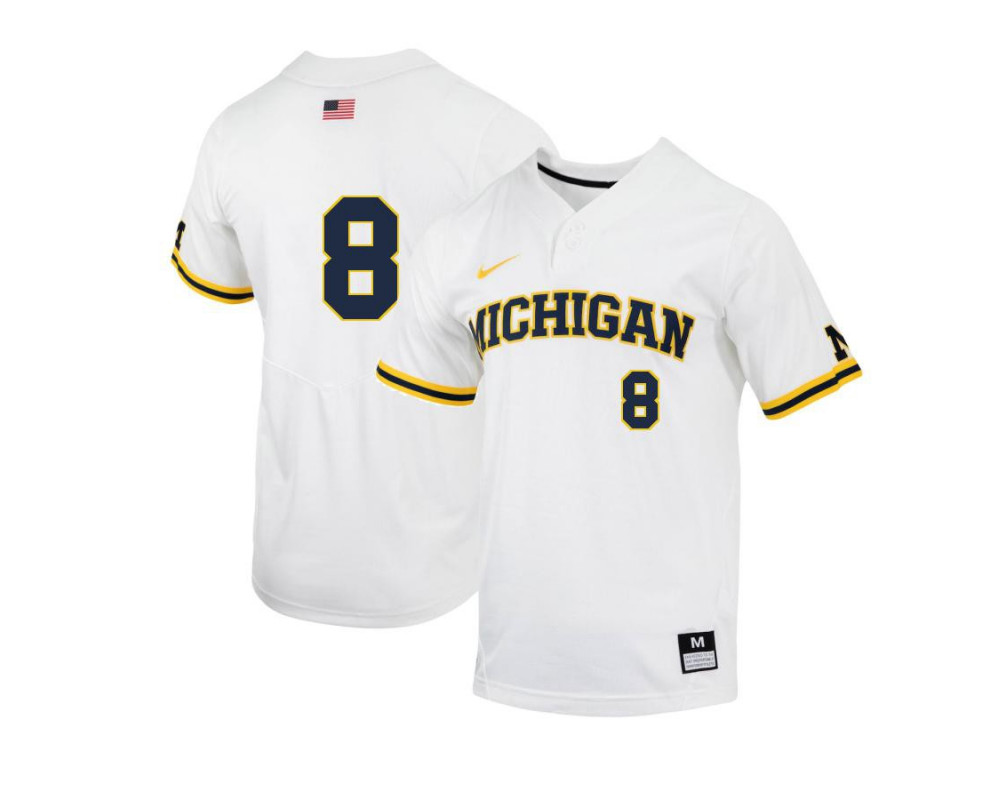 Mens Youth Michigan Wolverines #8 Jimmy Obertop Nike 2022 White two-Button Pullover College Baseball Game Jersey