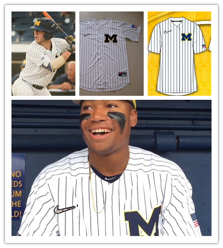 Mens Youth Michigan Wolverines Custom 2022 Diamond Nike White Pinstripe Navy M Team Logo College Baseball Game Jersey