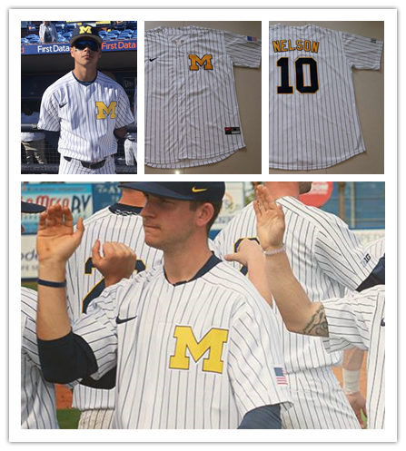 Mens Youth Michigan Wolverines Custom Nike White Pinstripe Maize M Team Logo College Baseball Game Jersey