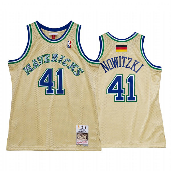 Mens Dallas Mavericks #41 Dirk Nowitzki Gold The Big Mummy Hardwood Classics Retirement Jersey