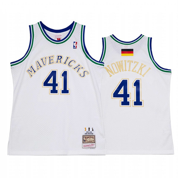 Mens Dallas Mavericks #41 Dirk Nowitzki White The German Wunderkind Hardwood Classics Retirement Jersey