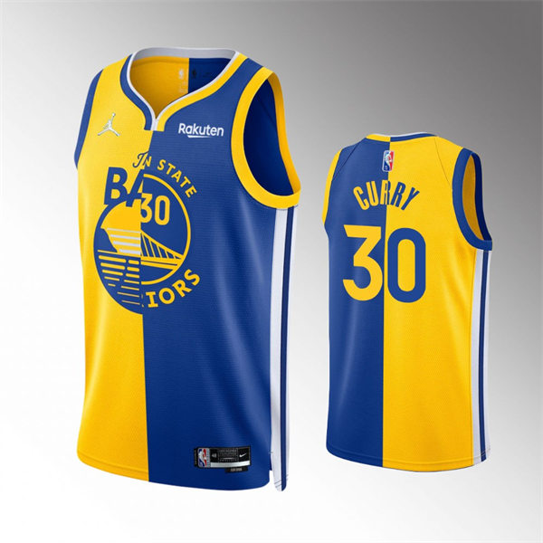 Mens Golden State Warriors #30 Stephen Curry Gold Royal Split Edition Jersey