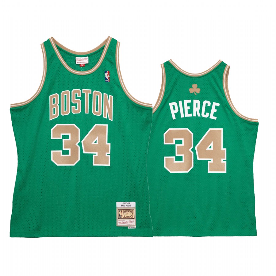 Men's Boston Celtics #34 Paul Pierce Green Gold Mitchell & Ness Hardwood Classics 2007-08 St Patricks Day Jersey