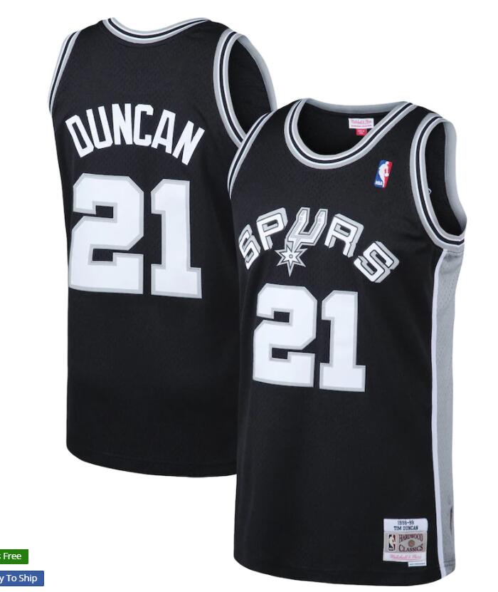 Mens San Antonio Spurs Retired Player #21 Tim Duncan Mitchell & Ness 1998-99 Hardwood Classics Jersey - Black