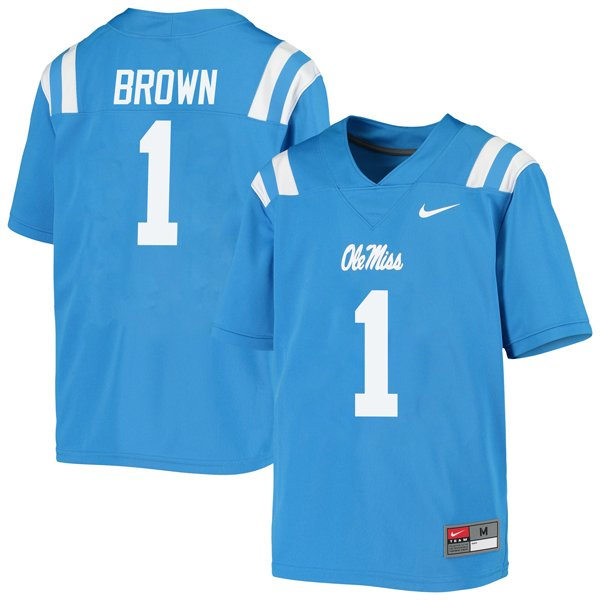 Mens Ole Miss Rebels #1 A.J. Brown Nike Light Blue College Football Game Jersey