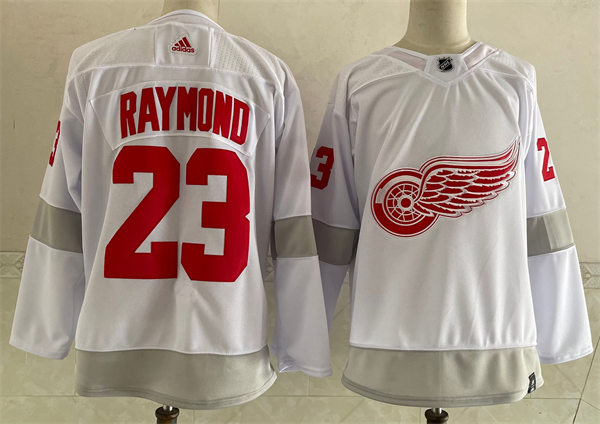 Men's Detroit Red Wings #23 Lucas Raymond adidas White 2021 Reverse Retro Jersey