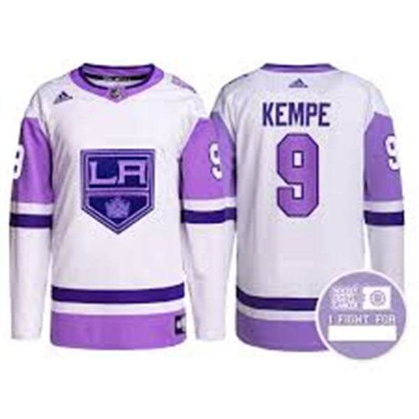 Men's Los Angeles Kings #9 Adrian Kempe White Purple Hockey Fights Cancer Primegreen Jersey