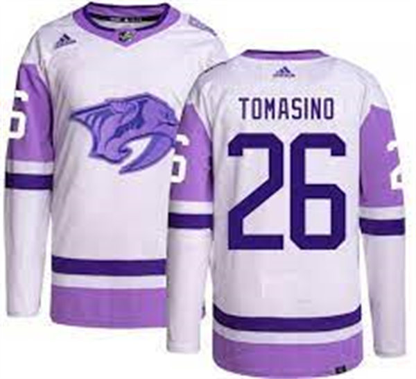 Men's Nashville Predators #26 Philip Tomasino White Purple Hockey Fights Cancer Primegreen Jersey