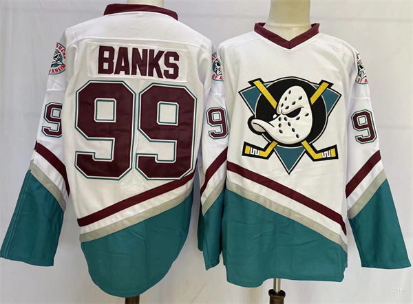 Men's Stitched White #99 Adam Banks The Mighty Ducks Movie Hockey Jersey