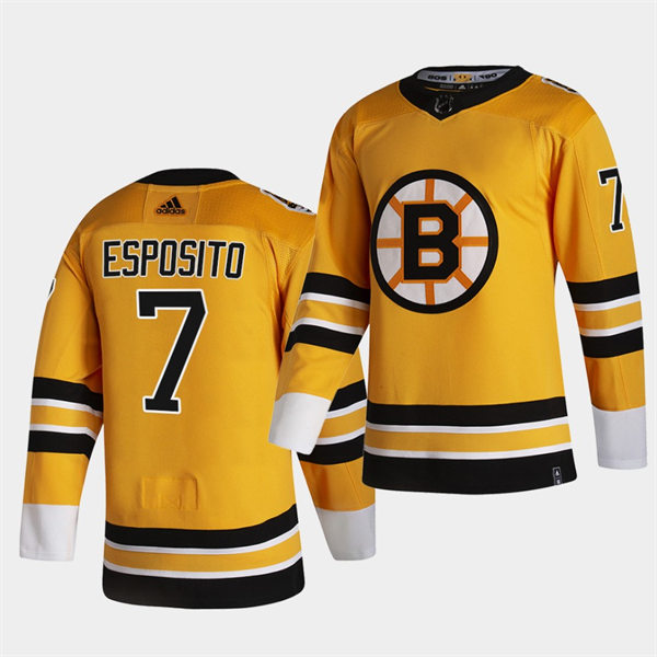 Men's Boston Bruins Retired Player #7 Phil Esposito adidas Yellow 2021 REVERSE RETRO JERSEYS