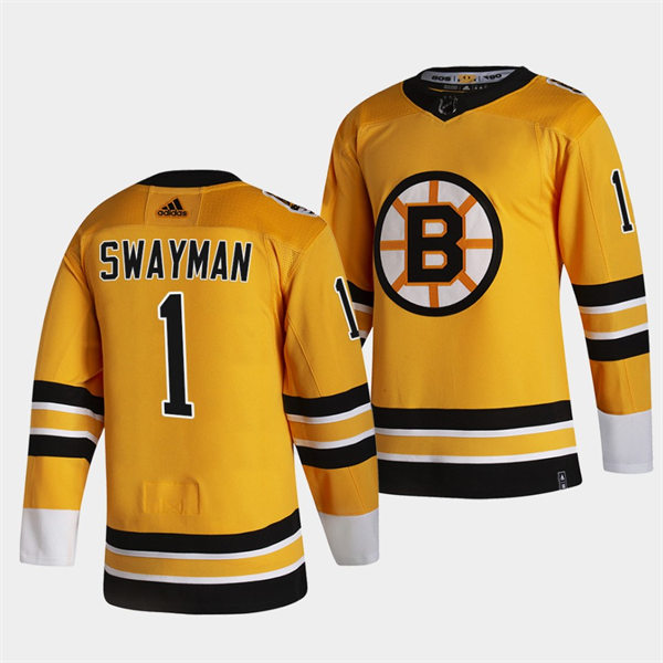 Men's Boston Bruins #1 Jeremy Swayman adidas Yellow 2021 REVERSE RETRO JERSEYS