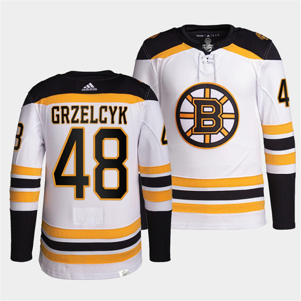 Mens Boston Bruins #48 Matt Grzelcyk adidas Away White Premier Player Jersey