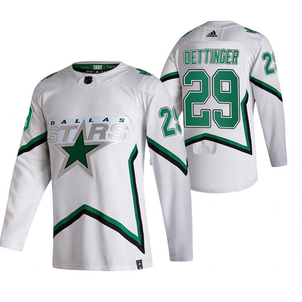 Mens Dallas Stars #29 Jake Oettinger adidas White 2021 Reverse Retro Jersey