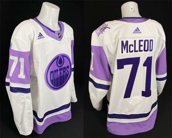 Men's Edmonton Oilers #71 Ryan McLeod 2021-22 White Purple Hockey Fights Cancer Primegreen Jersey