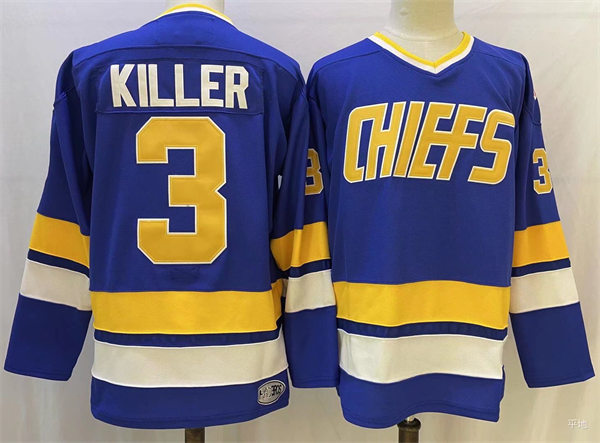 Mens Hanson brothers #3 Dave Killer Charlestown Chiefs Away Blue Slap Shot Hockey Jersey