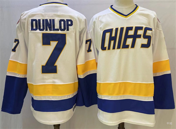 Mens Hanson brothers #7 Reggie Dunlop Charlestown Chiefs Home White Slap Shot Hockey Jersey