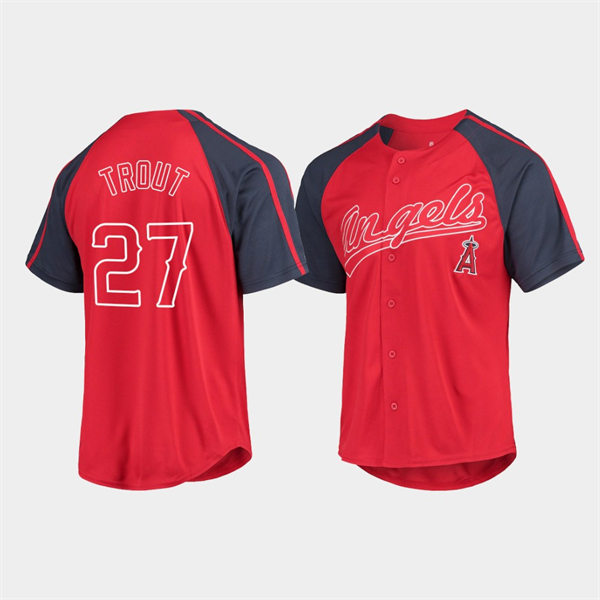 Men's Los Angeles Angels #27 Mike Trout Stitches Red Navy Raglan Jersey