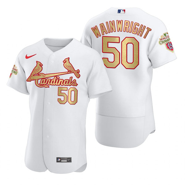 Mens St. Louis Cardinals #50 Adam Wainwright Nike White Gold 2011 World Series Champions Jersey