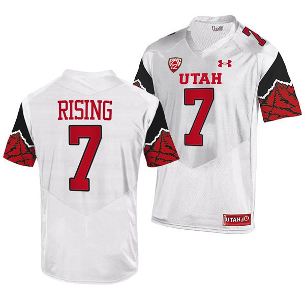 Mens Utah Utes #7 Cameron Rising White Printing Pattern Sleeves College Football Game Jersey