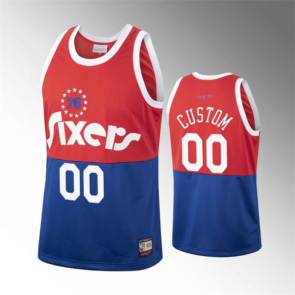 Men's Youth Philadelphia 76ers Custom Red Blue Mitchell & Ness Hardwood Classics Team Heritage Fashion Jersey