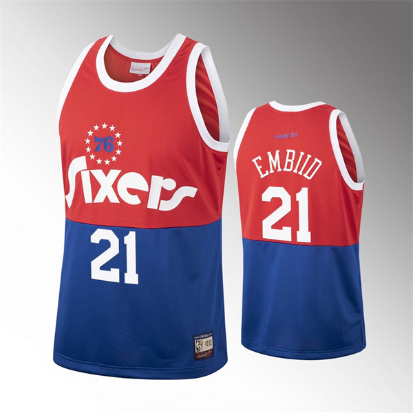 Men's Philadelphia 76ers 76ers #21 Joel Embiid Red Blue Mitchell & Ness Hardwood Classics Team Heritage Fashion Jersey