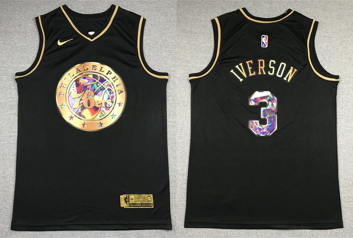 Mens Philadelphia 76ers #3 Allen Iverson 2021-22 Diamond Logo NBA 75th Season Black Golden Jersey