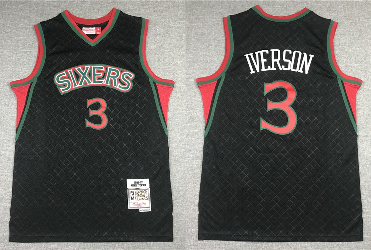Mens Philadelphia 76ers #3 Allen Iverson Mitchell & Ness Neapolitan Black Hardwood Classic Jersey